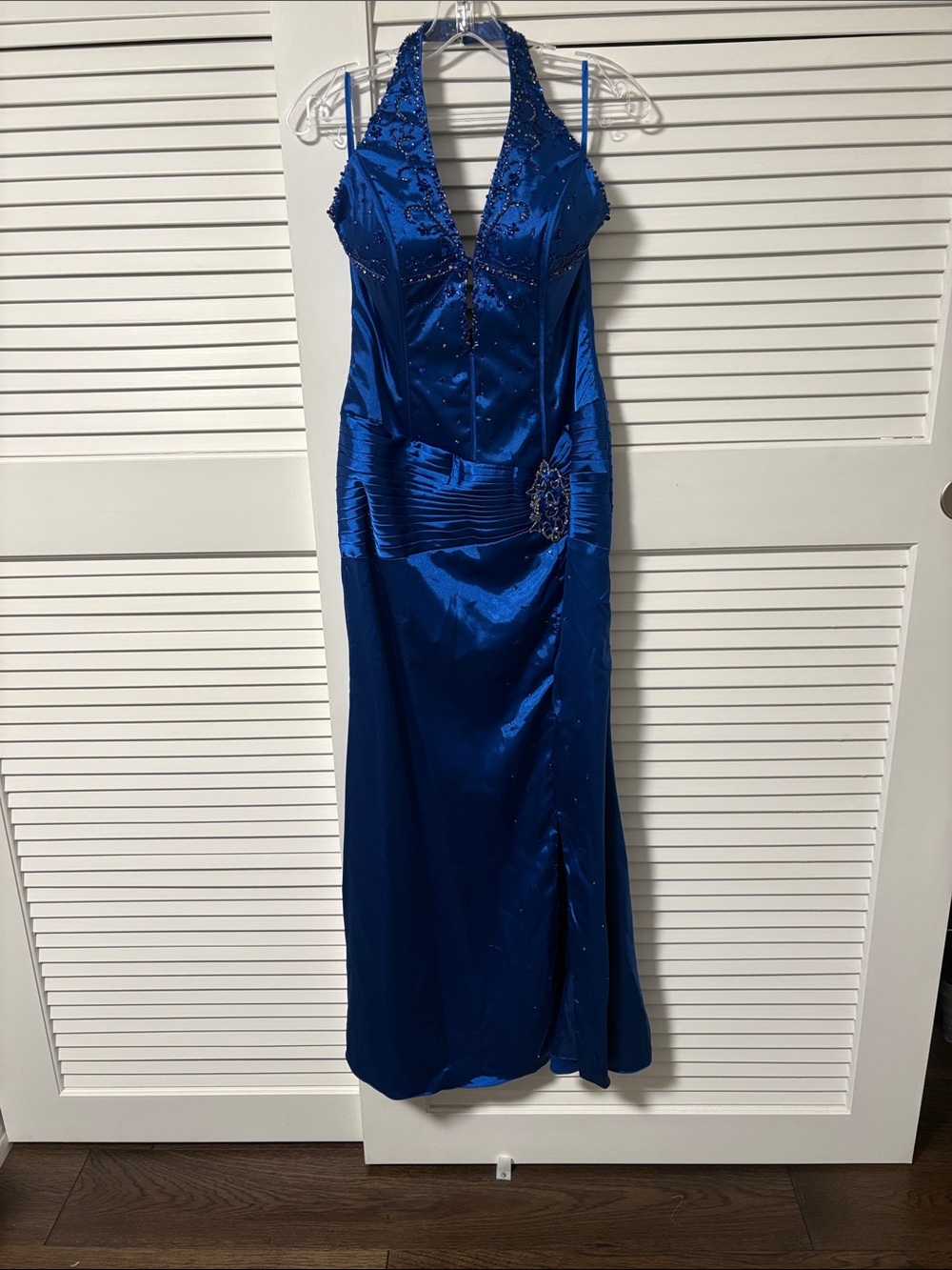 Royal Blue Halter beaded Evening Dress with  shawl